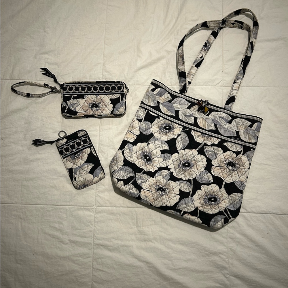 Vera Bradley Black & Cream Floral Quilted Tote with Wristlet and Card Case